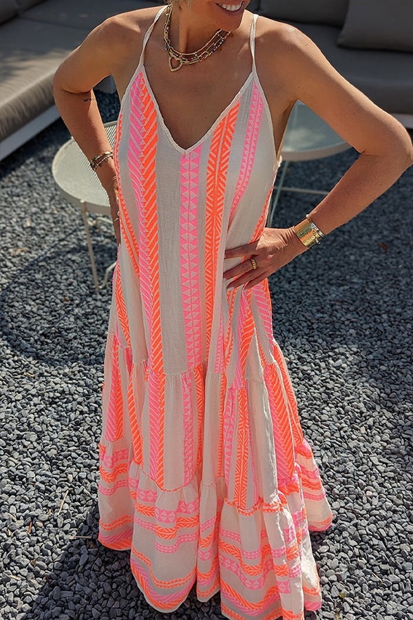 Sexy Vacation Geometric Print Backless V Neck Sling Dress Dresses Orange