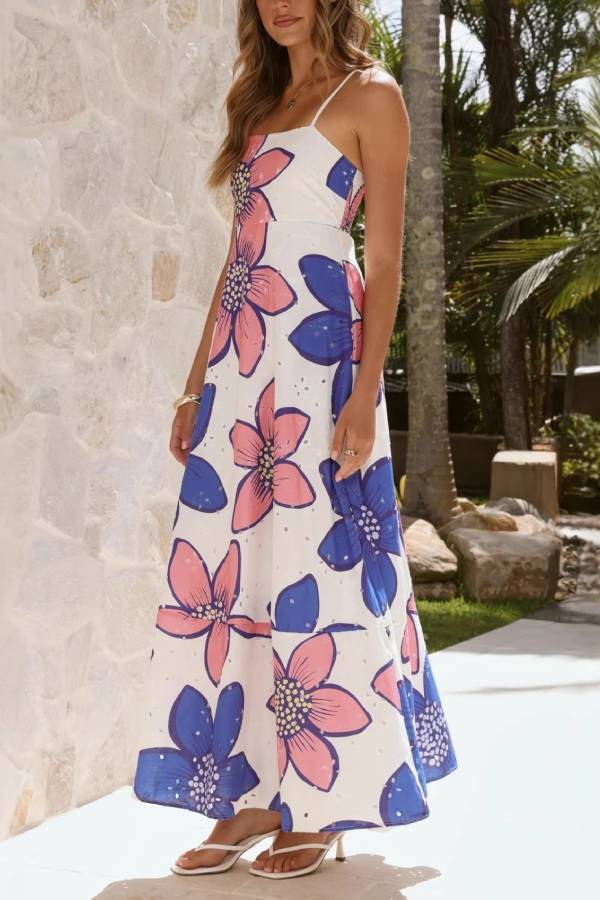 Large Floral Print Spaghetti Straps High-Waisted Layered Maxi Dress