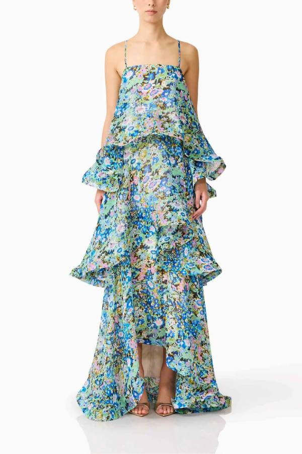 Floral Print Tiered Ruffle Maxi Slip Dress