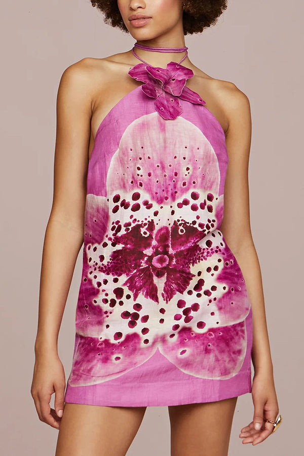 Artistic Flavor Linen Blend Printed Orchid Shape Halter Mini Dress Pink