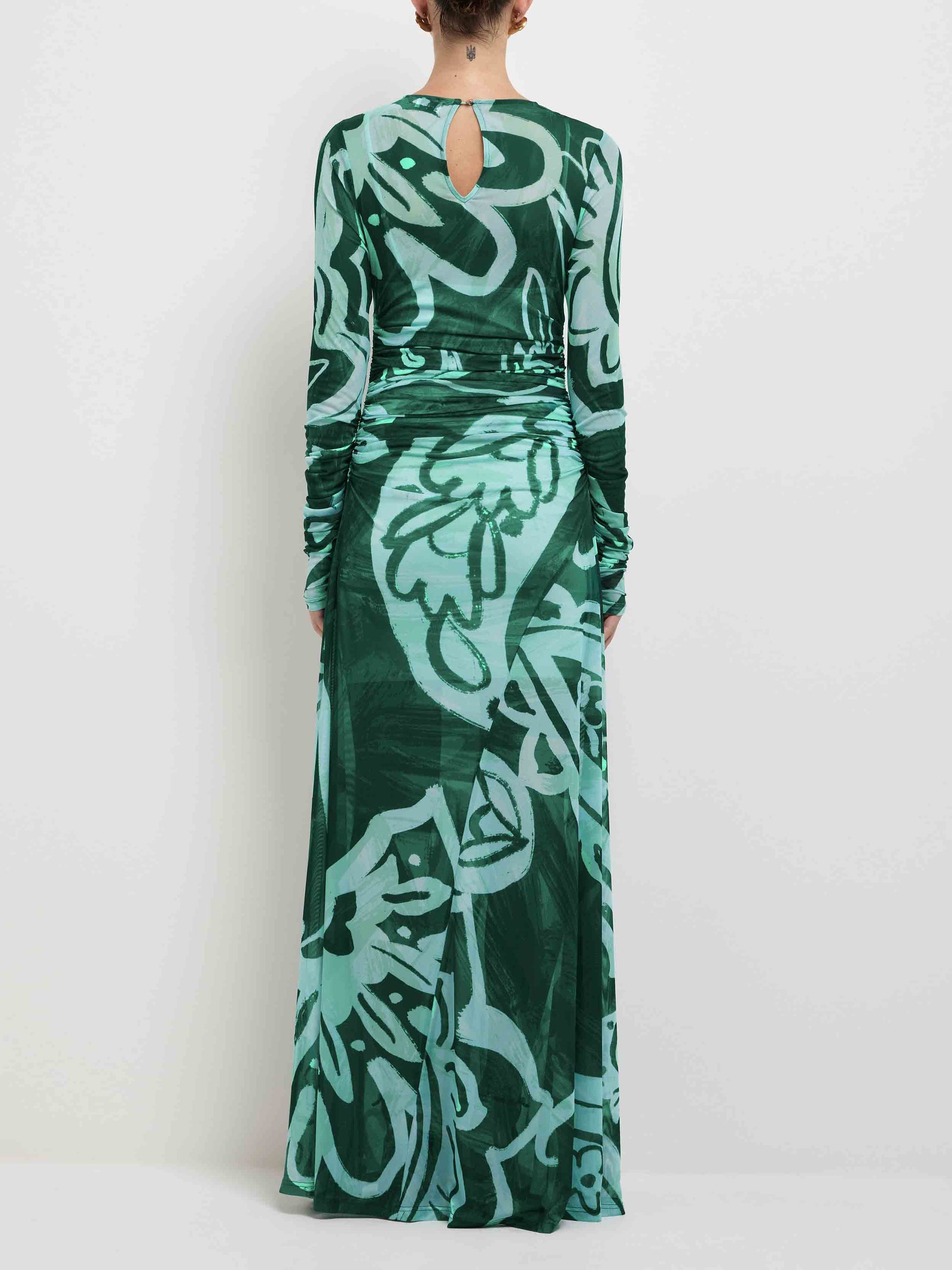 Einzigartiges Maxikleid aus Stretch-Mesh mit abstraktem, auffälligem Print