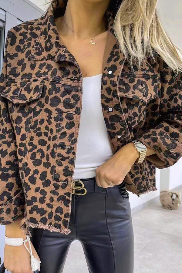leopard print denim jacket Brown