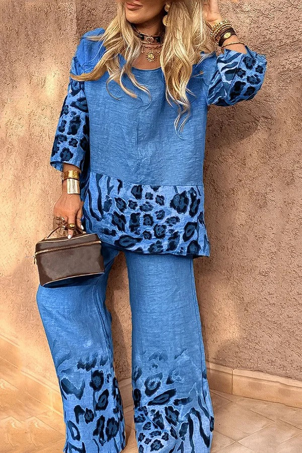 Leopard Print Crew Neck Loose Top and Elastic Waist Casual Wide-leg Pants Set