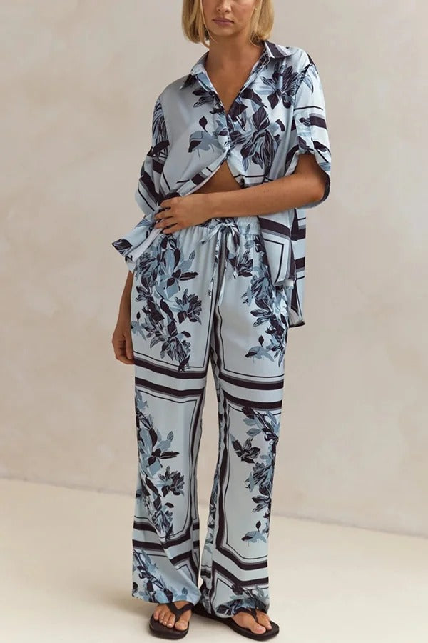 Fashionable Plant Print Loose Lapel Short Sleeve Shirt and Casual Elastic Waist Pocket Pants Set