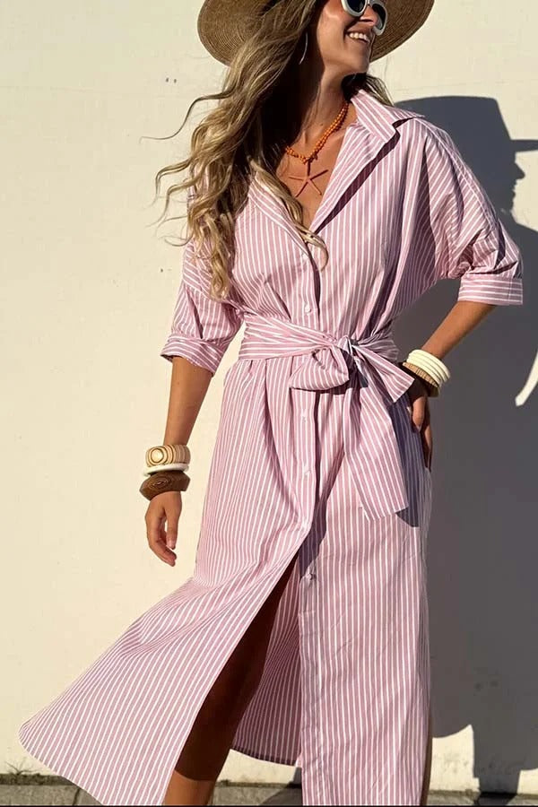 Robe chemise mi-longue boutonnée à rayures et manches mi-longues avec ceinture et poche