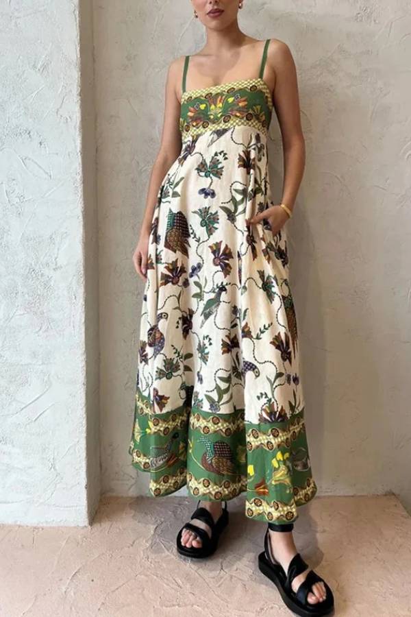 FROM SUN DRENCHED LINEN BLEND UNIQUE PRINT SMOCKED BACK POCKETED MIDI DRESS Green