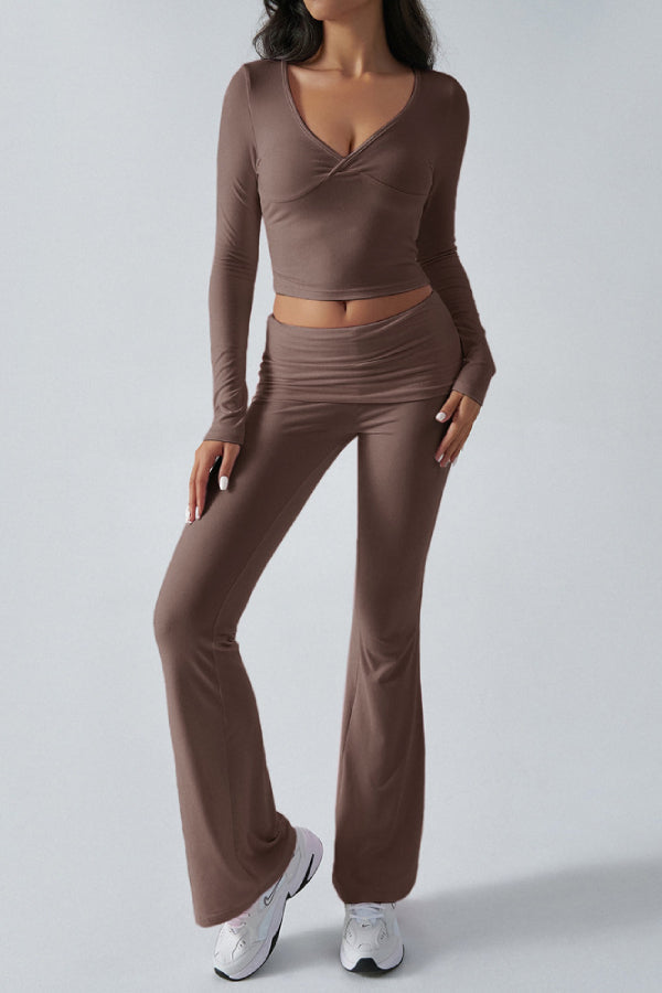 Women's Solid Color Simple Long Sleeve V-Neck Top And Trousers Knit Two-Piece Set