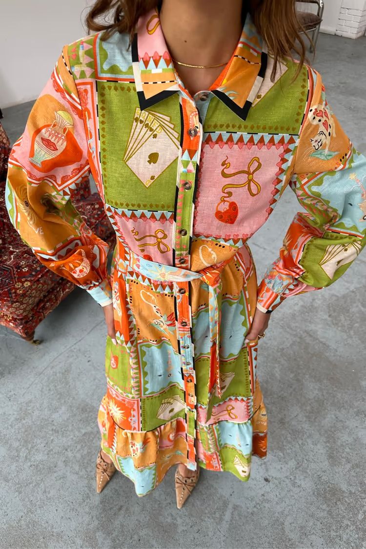 Linen Blend Unique Printed Long Sleeve Lapel Tie-waist Midi Dress