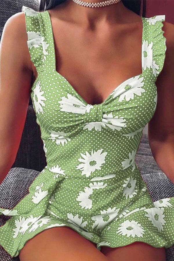 Flower Printed Suspender Chic Mini Dress Green