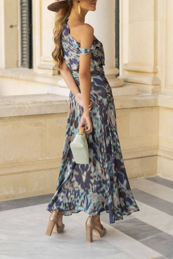 One‑Shoulder Blur Print Waist‑Fitted Maxi Dress