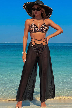 Multicolor printed suspender swimsuit three-piece swimsuit Leopard print swimsuit + black trousers three-piece suit