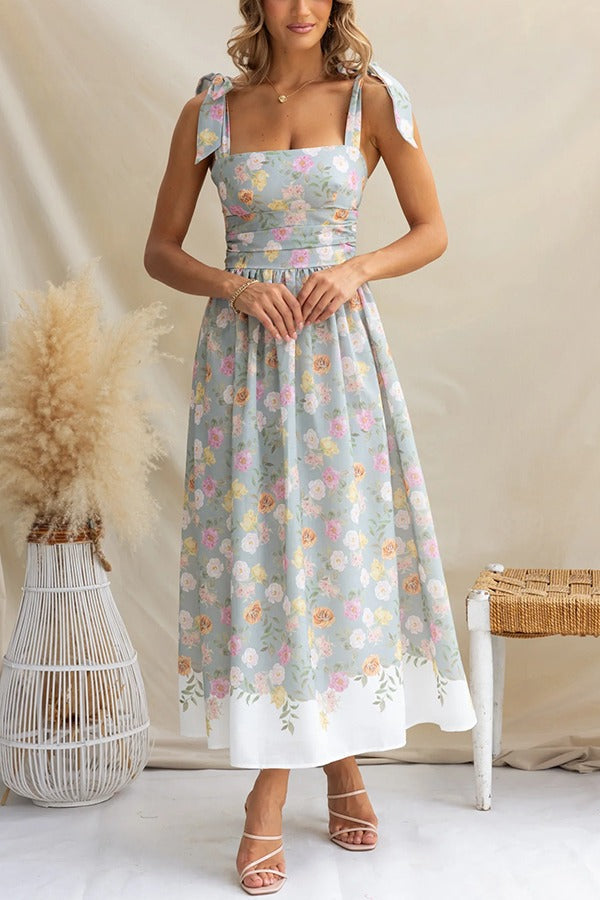Elegant Floral Print Suspenders Slim Maxi Dress Ash