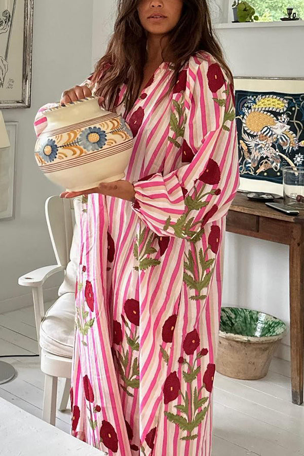 Linen Blend Floral Stripe Print Button Up Belt Pocketed Kaftan Midi Dress Pink
