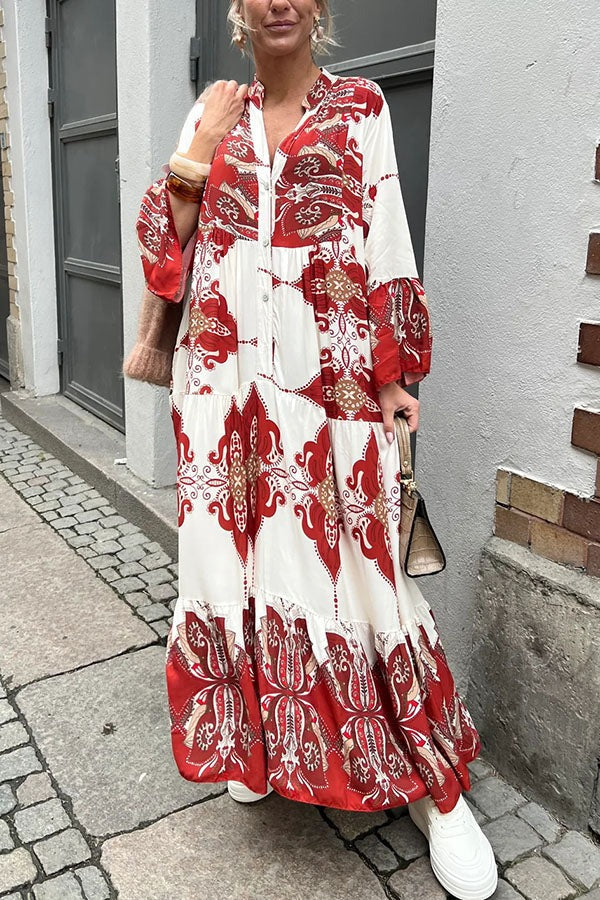 Gracie Paisley Print Button Up Bell Sleeve A-line Maxi Dress Red