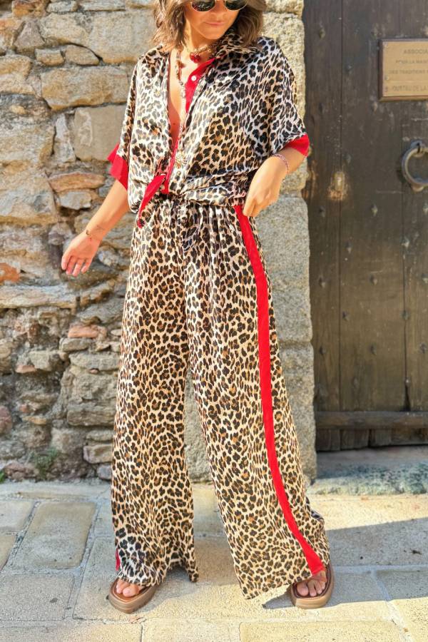 Leopard Print Color Block Short Sleeve Loose Shirt and Elastic Waist Pocket Pants Set Red