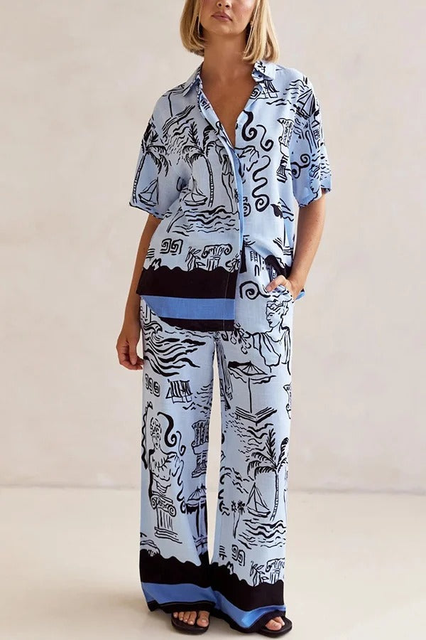 Fashionable Plant Print Loose Lapel Short Sleeve Shirt and Casual Elastic Waist Pocket Pants Set Dark Bule