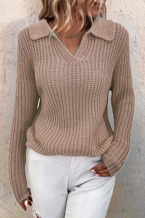 Women's Lapel Solid Slim Fit Knit Sweater Brown
