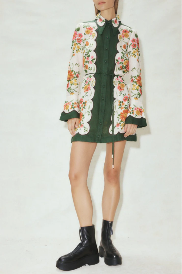 Botanical Floral Print Tie-waist Long-sleeved Single-breasted Mini Dress Multicolor
