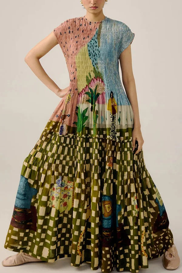 Relaxed and Playful Unique Print Smocked Short Sleeve Flare Maxi Dress