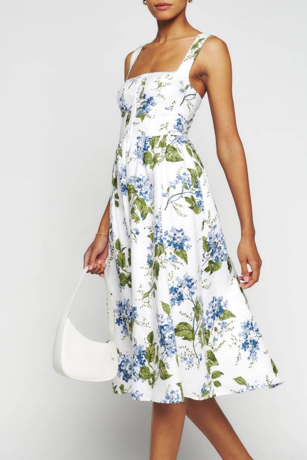 French Hydrangea Print Lace Trim Midi Cami Dress