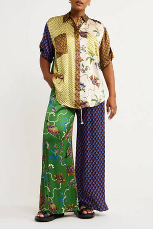 Retro Color-Block Printed Satin Shirt & Wide-Leg Pants Set