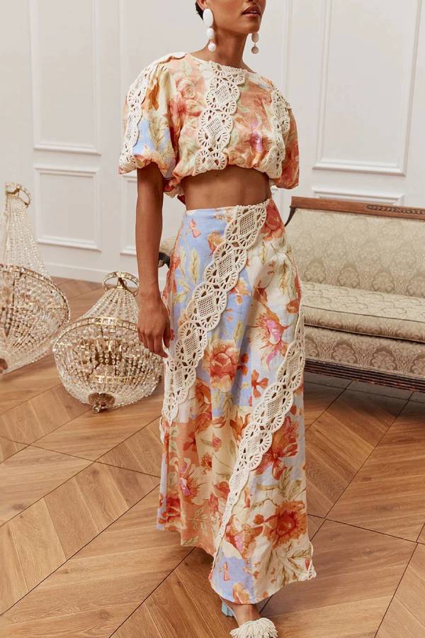 Vintage Floral Linen Crop Top & Lace Trim Maxi Skirt Set