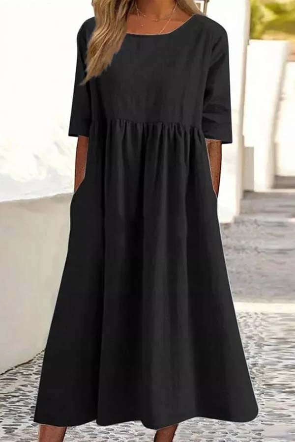 Summer Hot Sale -Round neck pocket halter cotton dress Black