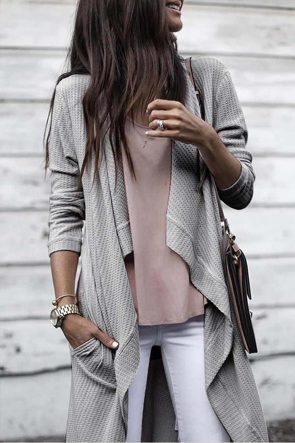 Light Grey Waffle Knit Drape Front Long Cardigan Grey