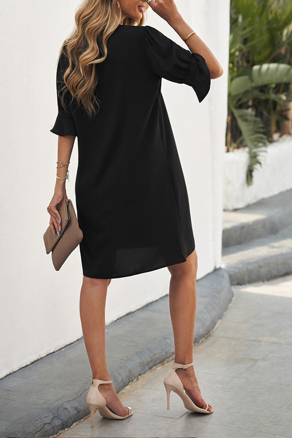 Solid Color Loose Casual V Neck Short Sleeve Knee Length Dress