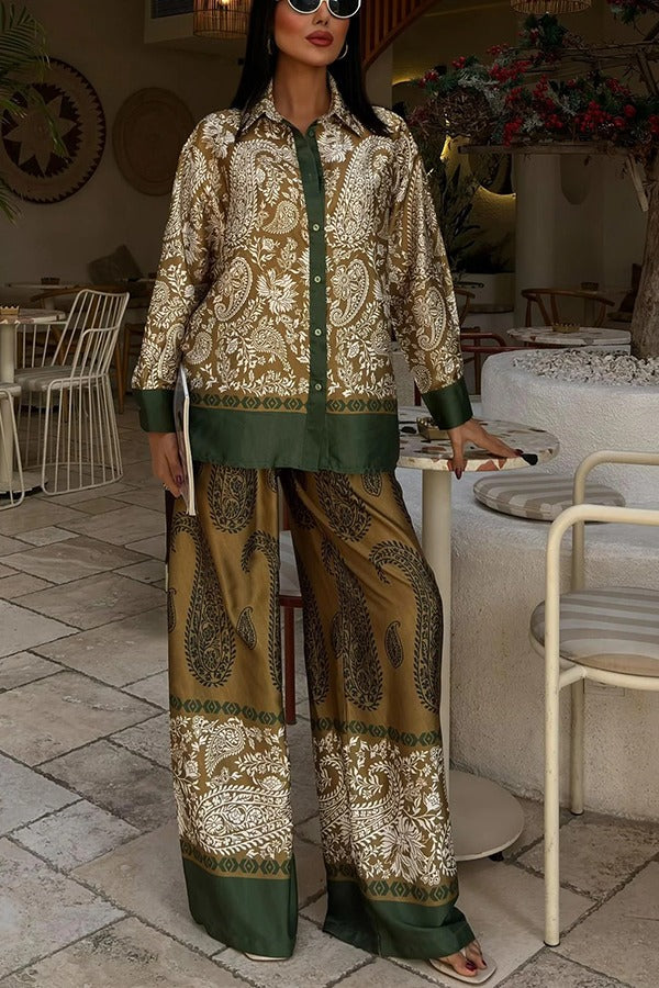 Naya Satin Contrast Color Paisley Long Sleeve Shirt and Elastic Waist Pocketed Pants Set Green