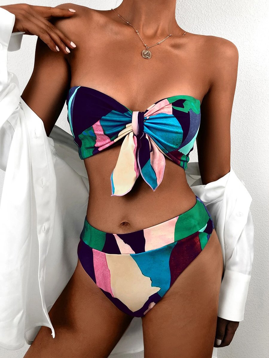 Casual Print Tube Top Two-Piece Bikini Green