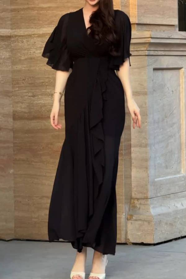 Bedrucktes Retro-Kleid mit V-Ausschnitt und Trompetenärmeln