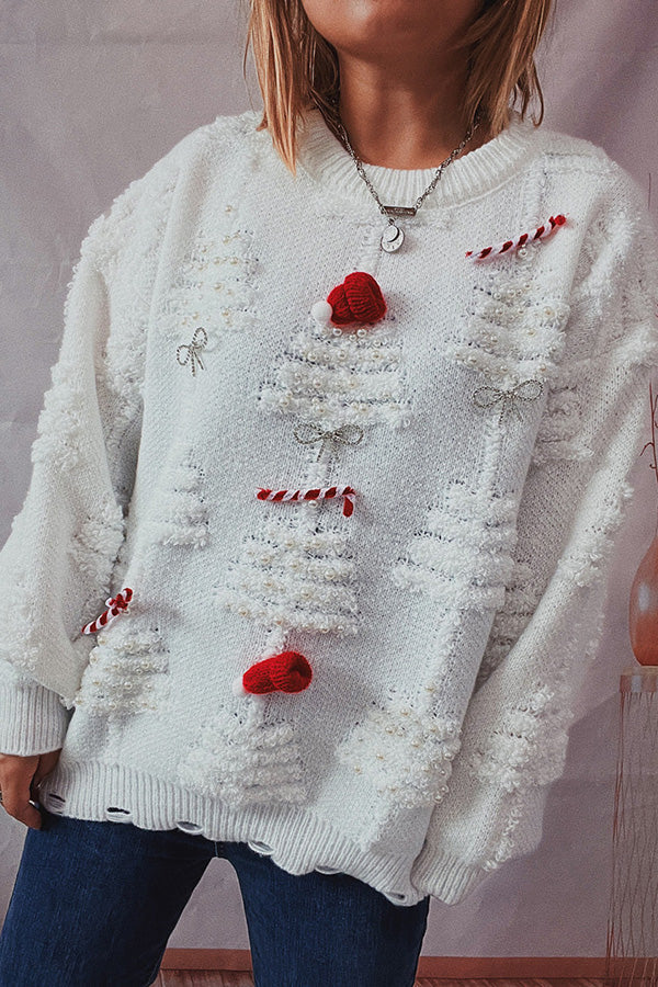 Handmade pearl Christmas theme sweater three-dimensional decorative sweater White