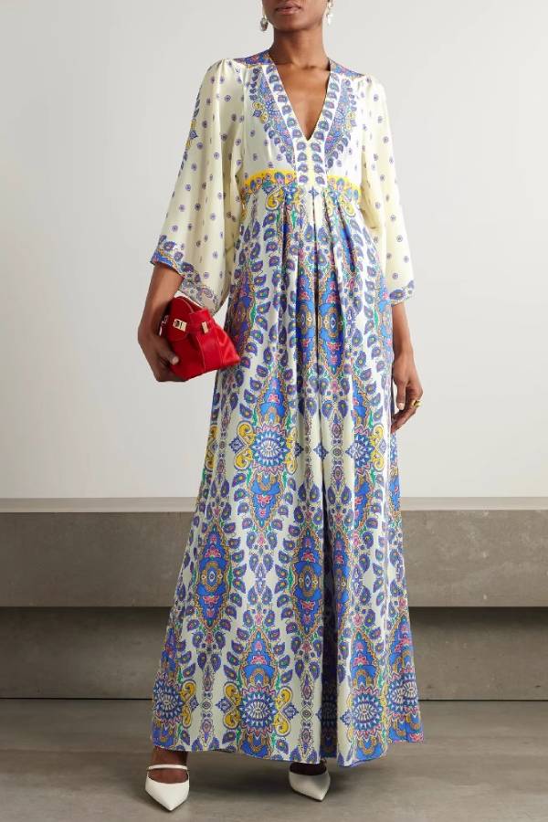 Boho Vintage Print V‑Neck Flare Sleeve Maxi Dress
