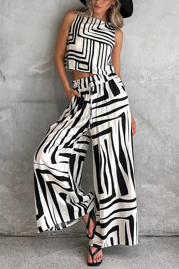 Striped Printed Sleeveless Casual Top and Elastic Waist Loose Pocket Wide-leg Pants Set