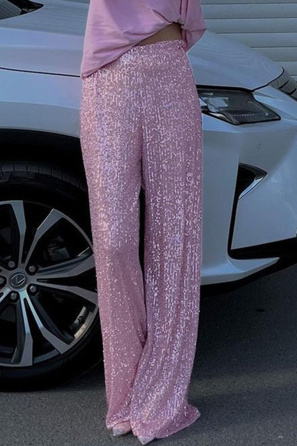 Solid color sequined fashionable casual straight pants Pink