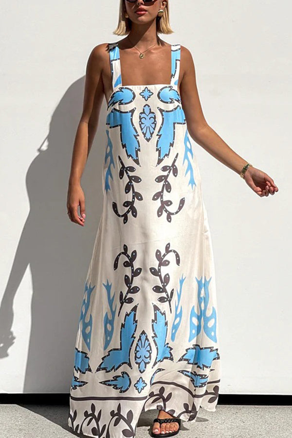 Unique Print Square Neck Open Back Lace-Up Loose Maxi Dress Multicolor