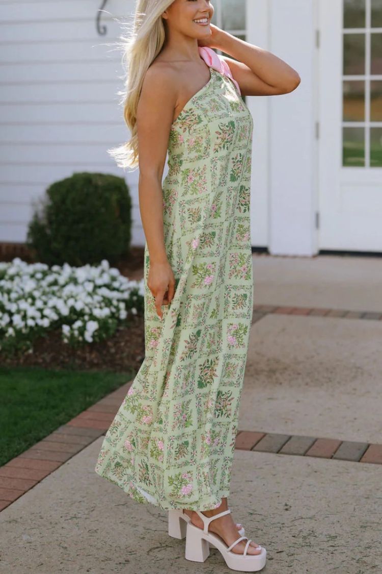 Garden Atmosphere Floral Print One Shoulder Pink Bow Loose Maxi Dress