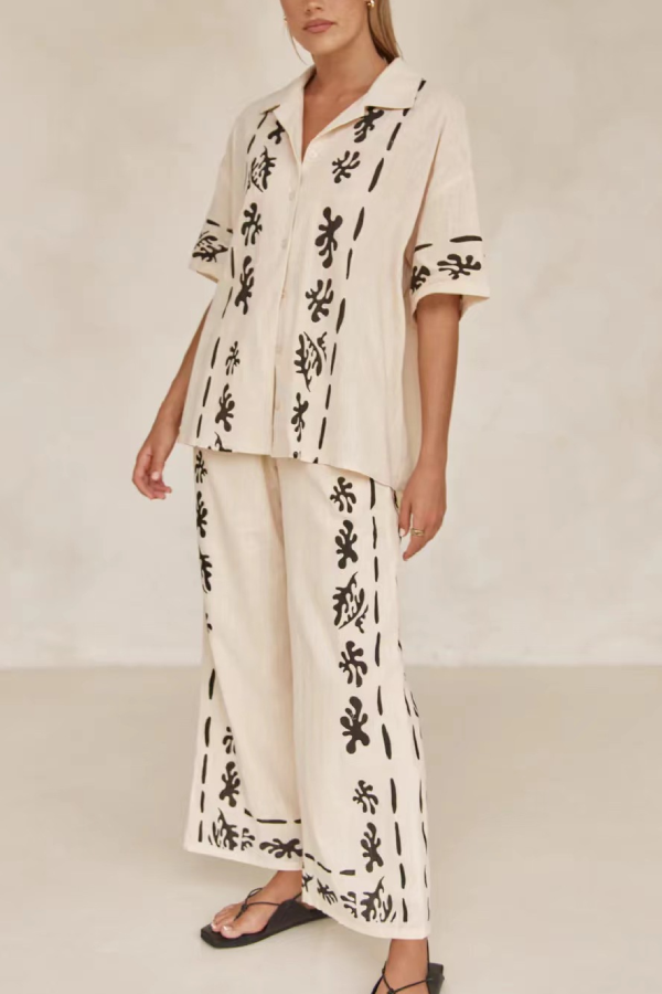 Loose Lapel Printed Top Casual Holiday Pants Set White