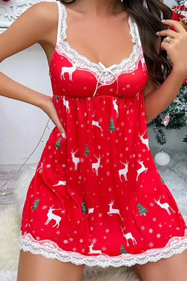 Christmas Tree Elk Snowflake Print Lace Trim Babydoll Red