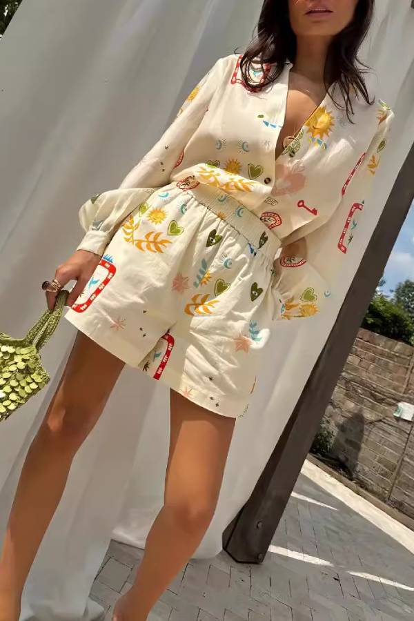 Retro Sun & Heart Print Long‑Sleeve Shirt & Shorts Two‑Piece Set