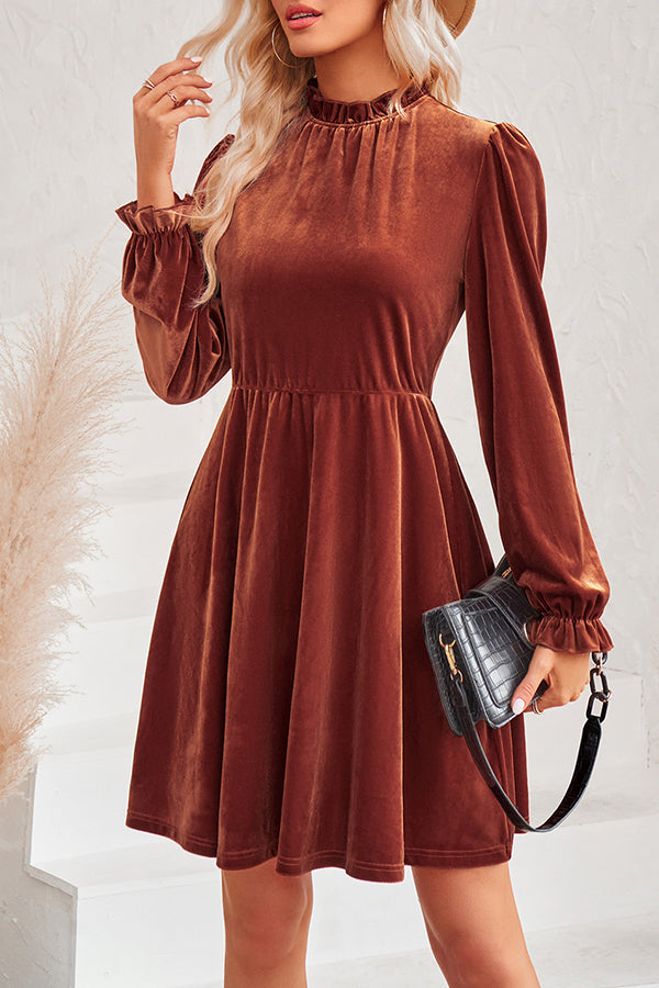 Turtleneck Long Sleeve Velvet Mini Dress Brown