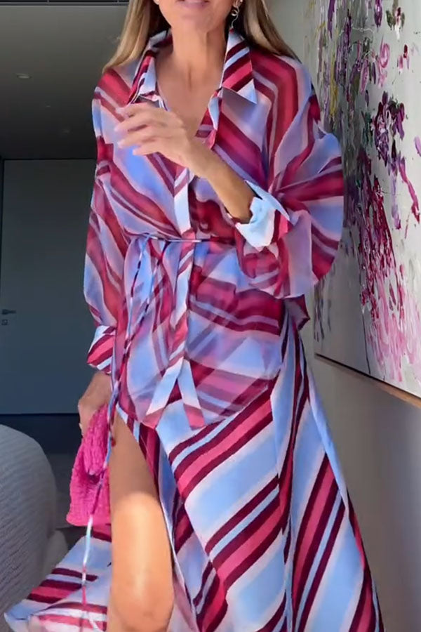 Brighter Days Sheer Organza Striped Tie-up Oversized Blouse Blue