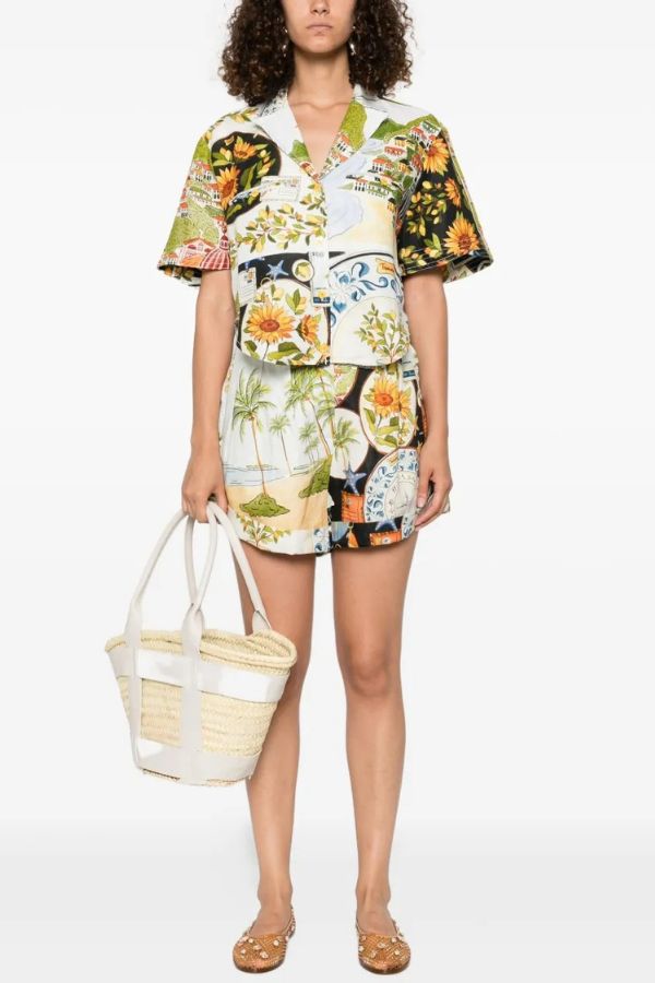 Ensemble chemise à manches courtes boutonnée et short ample à poches, mélange de lin, style insulaire, imprimé unique