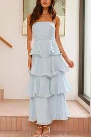 Pure Color Sexy Tube Top Backless Multi-layered Maxi Dress Blue