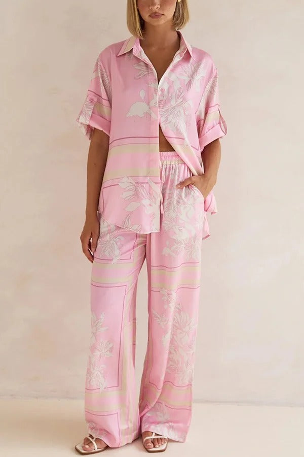 Fashionable Plant Print Loose Lapel Short Sleeve Shirt and Casual Elastic Waist Pocket Pants Set Pink