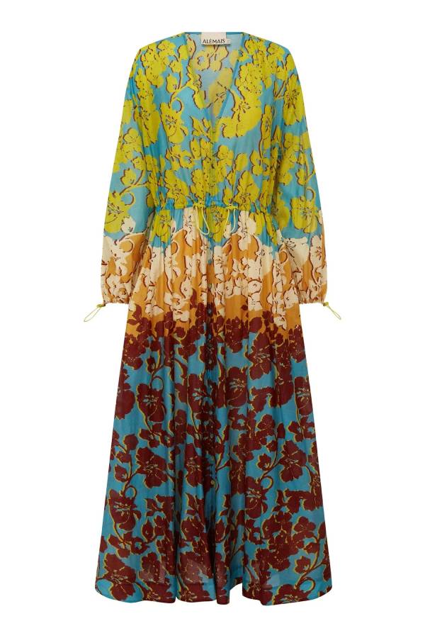 V Neck Gradient Floral Drawstring Long Sleeve Maxi Dress