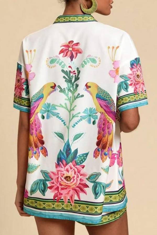 Tropical Bird & Floral Print Kimono Top & Shorts Set
