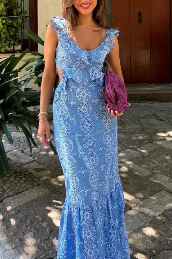Tiered embellished lace midi dress Blue