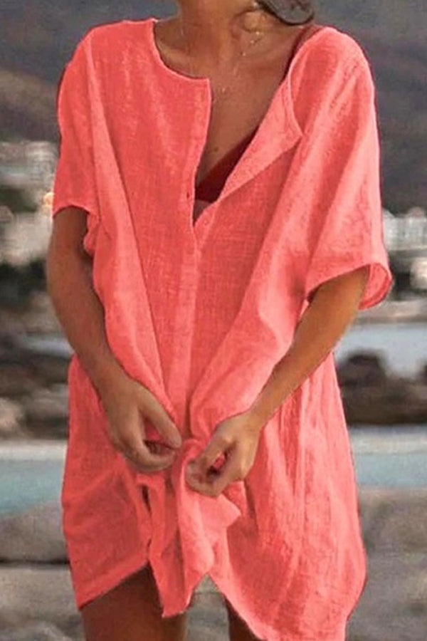 Loose solid color short-sleeved shirt dress beach sun protection clothing Red